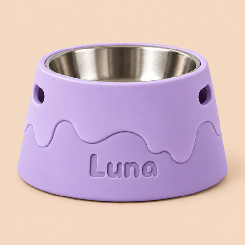 Bowl para mascota lila impreso en 3D con el nombre Luna y recipiente de acero inoxidable