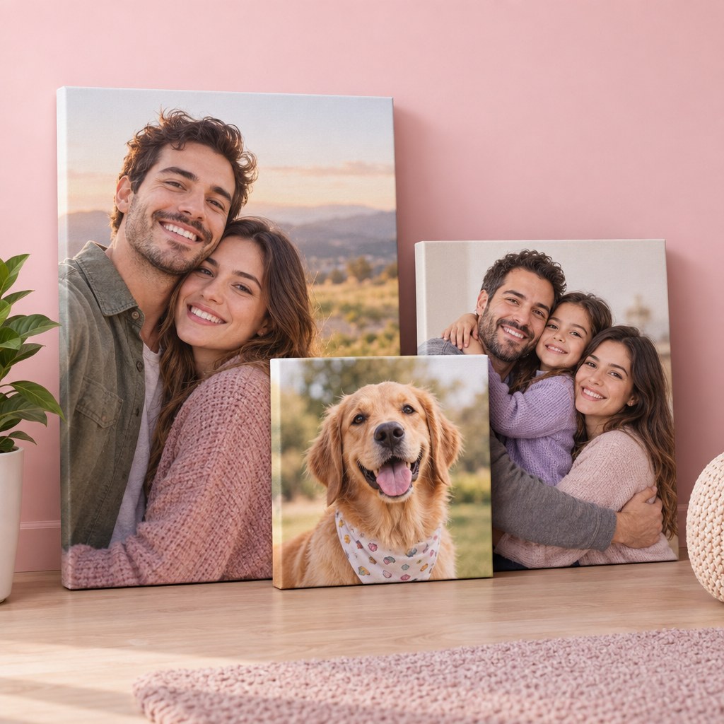 Cuadros de lienzo personalizados con fotos de una familia, una pareja y un perro, recargados en una sala