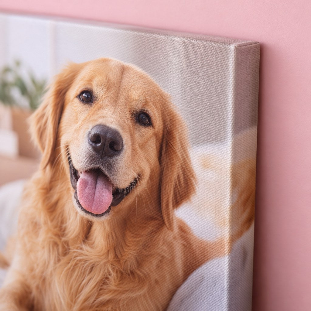 Detalle de la esquina de un cuadro de lienzo personalizado con la foto de un perro