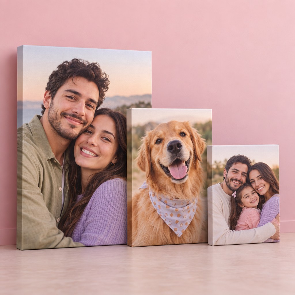 Tres cuadros de lienzo personalizados de distintos tamaños con fotos de una pareja, un perro y una familia